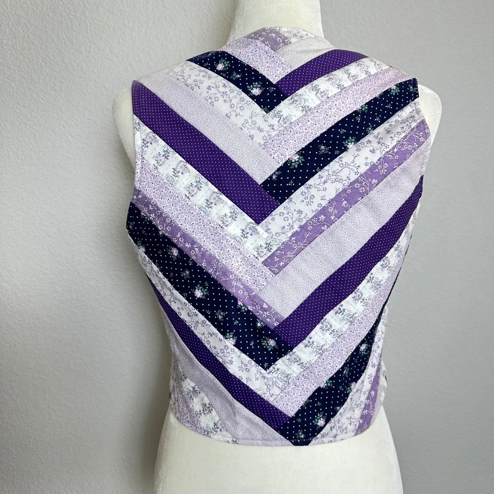 Handmade Purple Quilted Patchwork Vest‎ Floral Chevron Cottagecore XS Small